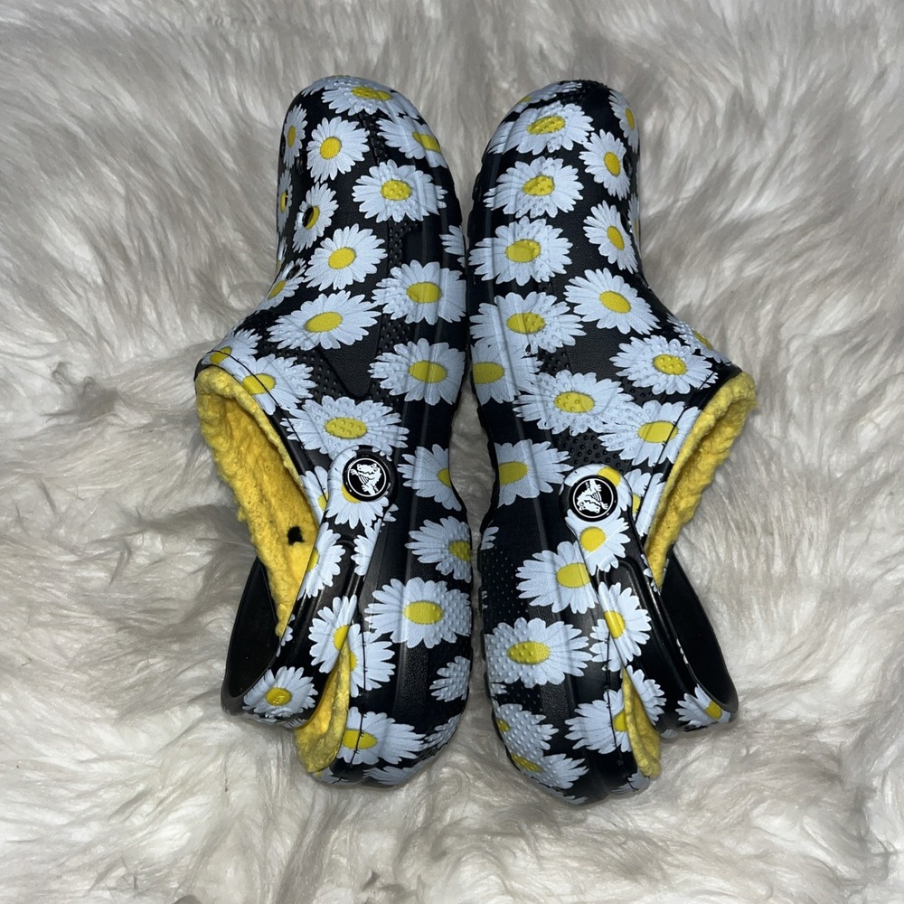 Crocs Classic Clog Shoes Women's 9 Black White Yellow Floral Print Lined Slip On - Picture 8 of 12